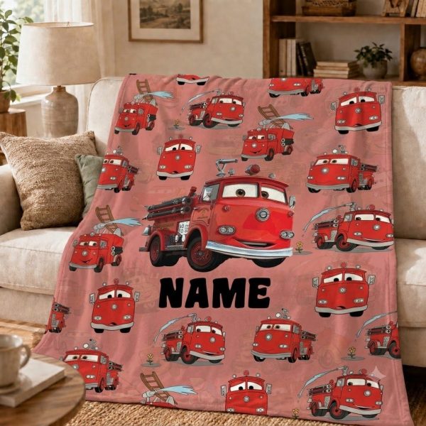 Custom Name Fire Truck Throw Blankets, Red Engine Cartoon Art Throw