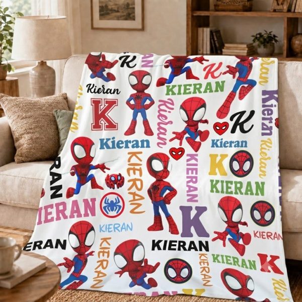 Custom Name Spider-Man Throw Blankets, Superhero Chibi Art Throw