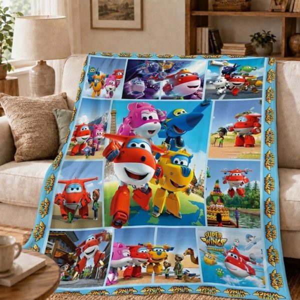 Super Wings Throw Blankets, Animated Airplane Cartoon Art Throw