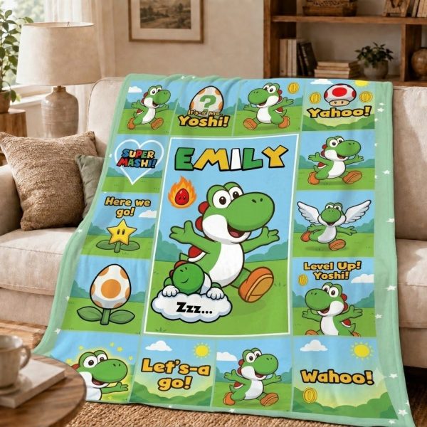 Custom Name Yoshi Super Mario Throw Blankets, Kids Room Decor Throw