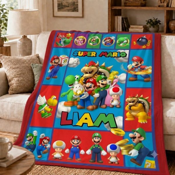 Custom Name Super Mario Throw Blankets, Video Game Gamer Art Throw