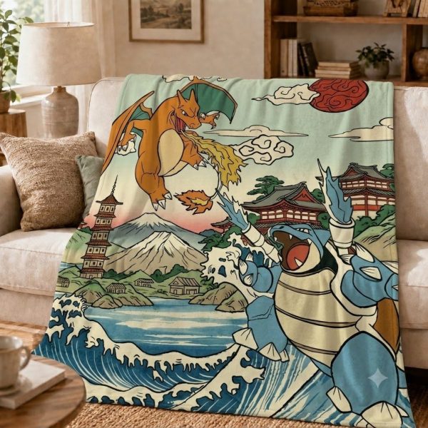Charizard vs Blastoise Throw Blankets, Gift for Pokémon Fans