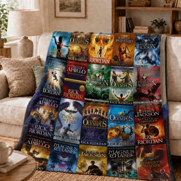 Rick Riordan Book Covers Throw Blankets, Fantasy Novel Collage Art Throw