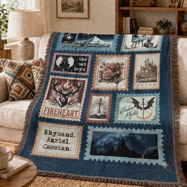 ACOTAR Night Court Woven Blanket, Vintage Stamp Woven Throw