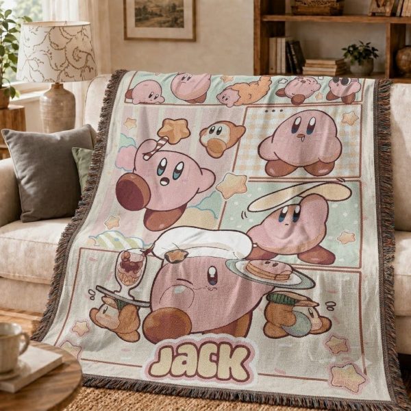 Kirby Woven Blanket, Cute Pastel Gamer Cozy Room Decor Throw