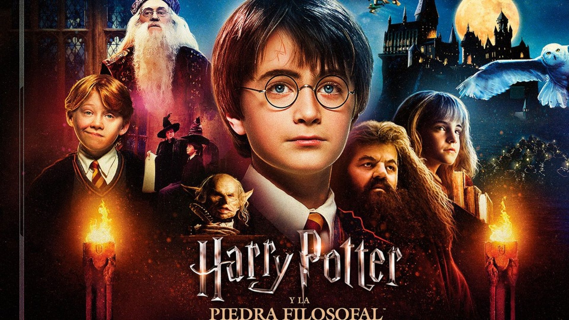 A movie poster for "Harry Potter y la Piedra Filosofal" (Harry Potter and the Sorcerer's Stone)