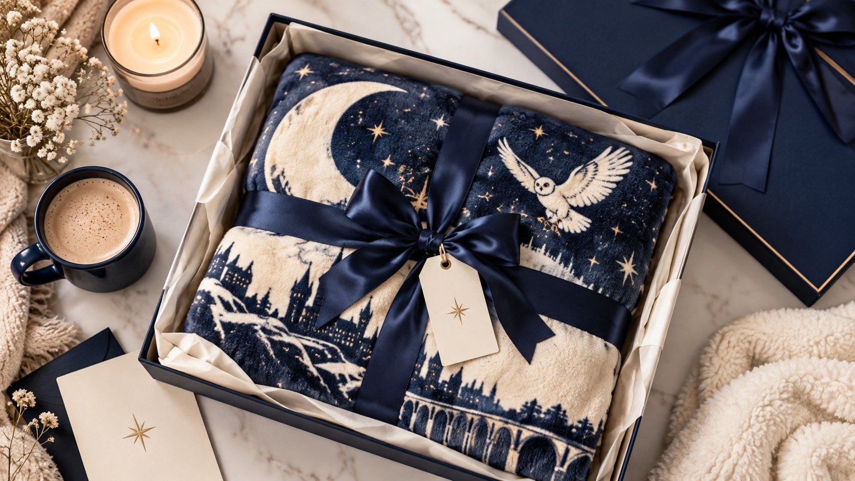 A personalized movie throw blanket serves as the centerpiece for an unforgettable cinephile gift package