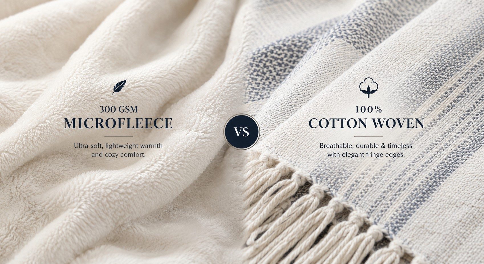 5 Meaningful Throw Blanket Collections for True Fans 2 Close up texture comparison of plush 300 GSM microfleece and 100 percent cotton woven throw blanket with fringe edges