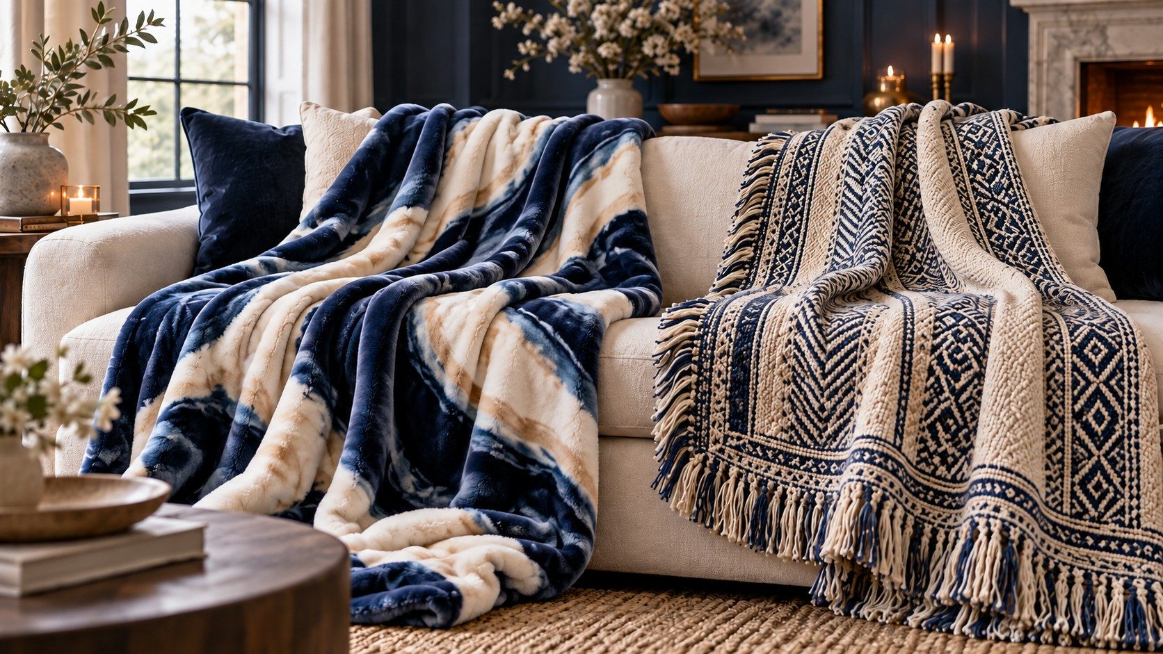 Comparing textures plush fleece offers velvety print vibrancy while jacquard woven cotton brings heirloom weight and fringed detail
