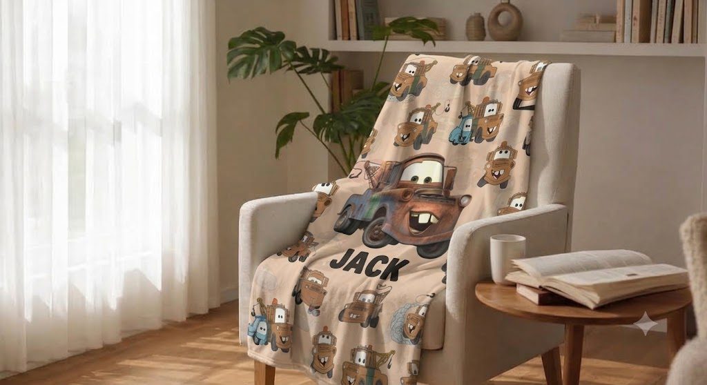 5 Meaningful Throw Blanket Collections for True Fans 1 Cozy apartment living room featuring a personalized character throw blanket draped over an armchair beside ambient lighting