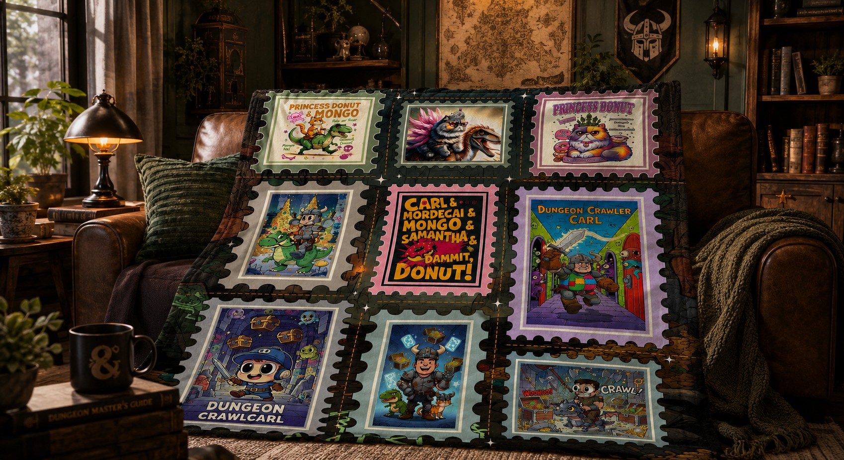5 Meaningful Throw Blanket Collections for True Fans 5 Dungeon Crawler Carl character throw blanket with Princess Donut stamp grid design held open in a cozy bedroom