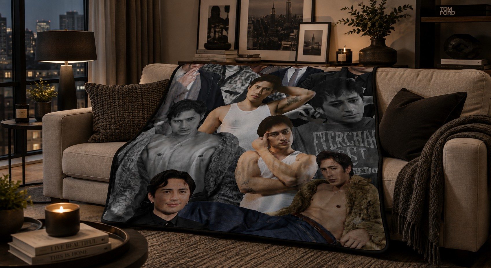 5 Meaningful Throw Blanket Collections for True Fans 4 Music pop star idol photo collage throw blanket draped over an armchair in an aesthetic listening space