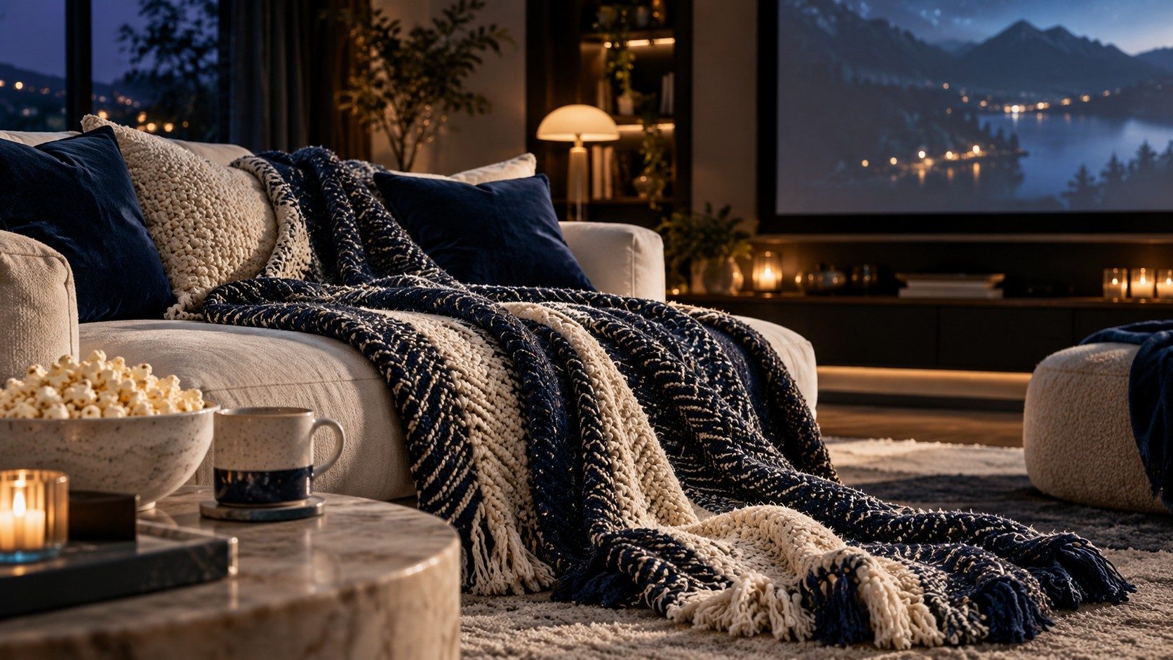 The quintessential movie blanket pairing artisanal texture with supreme home cinema coziness