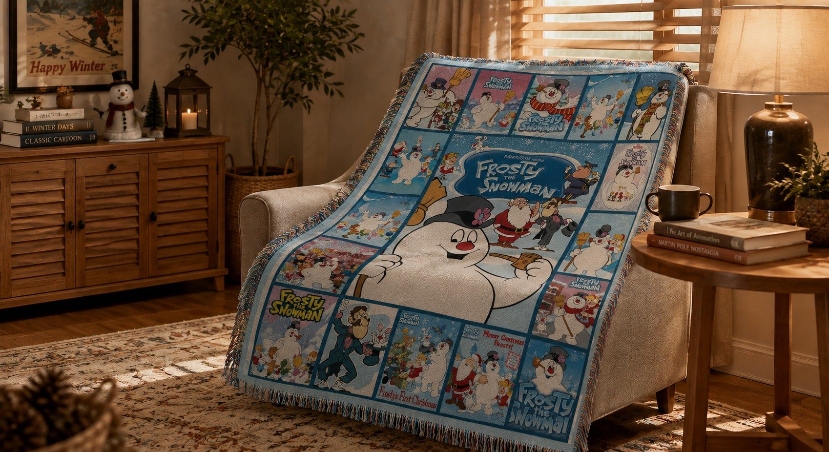 5 Meaningful Throw Blanket Collections for True Fans 7 Vibrant retro cartoon character throw blanket with durable edge stitching styled on a family room sectional couch